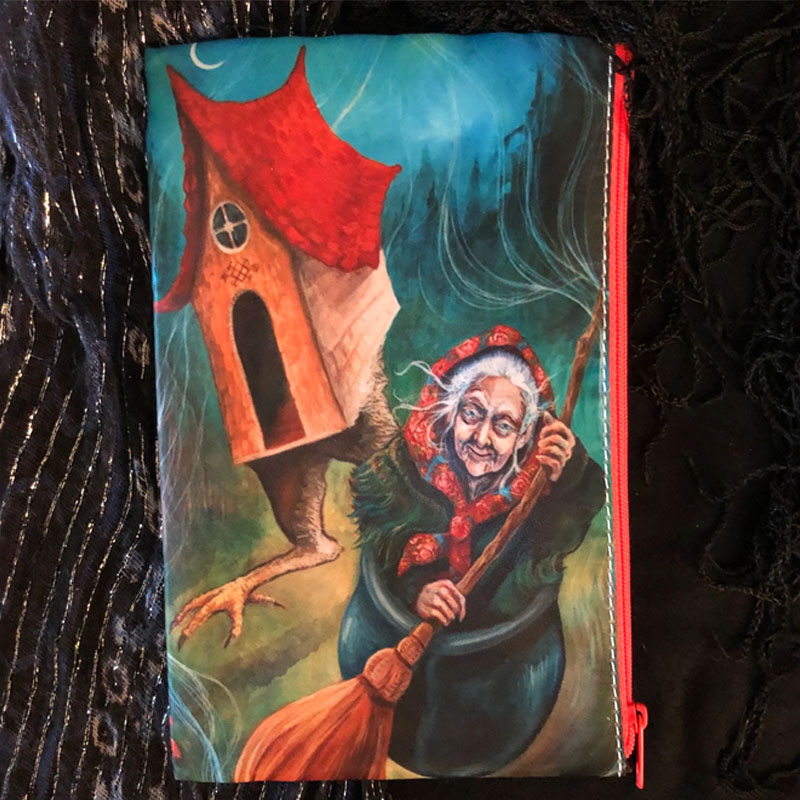 Tarot bag adorned with painting of Baba Yaga by Laura Tempest Zakroff